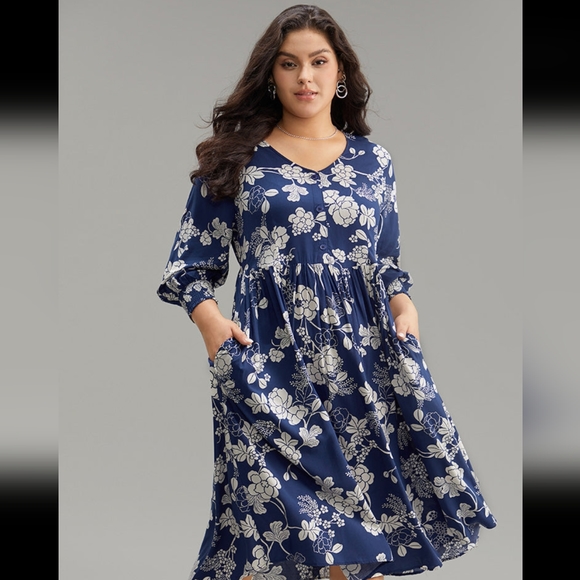 Blue tropical a line floral midi - Picture 2 of 14